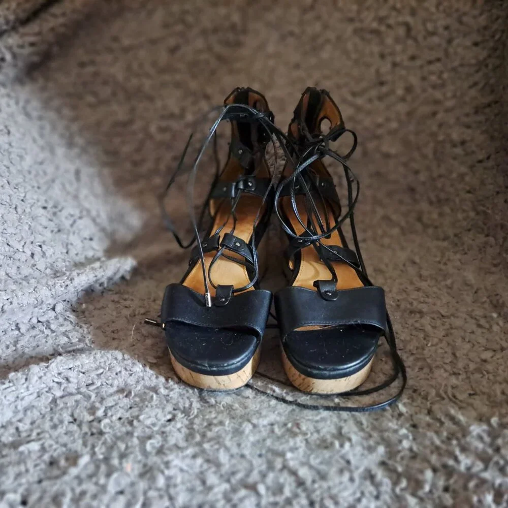 COACH-Barkley-Black Semi Matte Calf Leather Sandals-Lace Up/Back Zip-Sz 8-EX